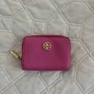 Tory Burch leather emerson mini wallet prickly pear gold pink keychain inside